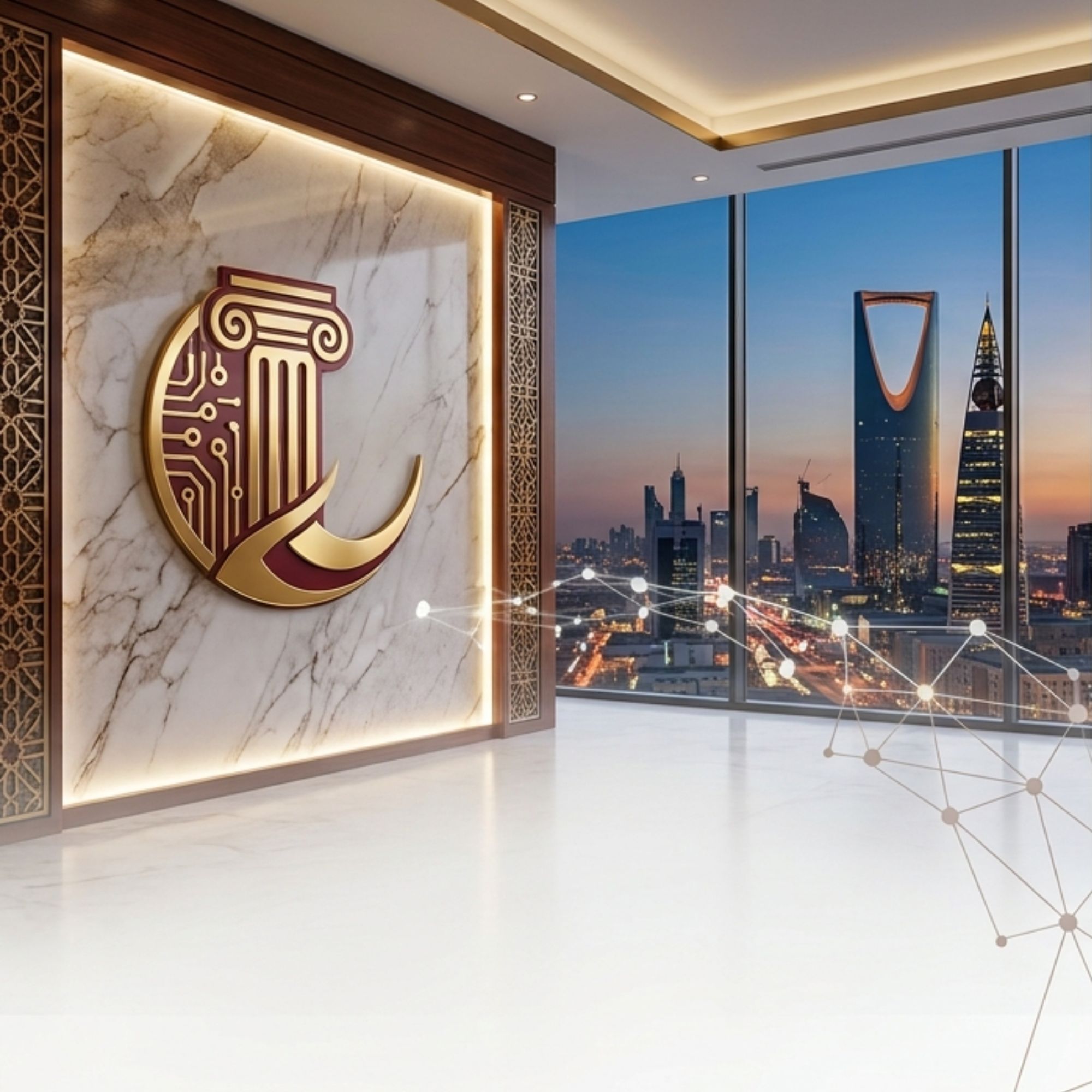 mission-hajar-law-firm-and-documentation واجهة استقبال فاخرة داخل مكتب هاجر للمحاماة والتوثيق في الرياض تظهر شعار المكتب المضاء والدمج بين التطوير التشريعي والحلول الرقمية مع إطلالة بانورامية على أبراج الرياض.